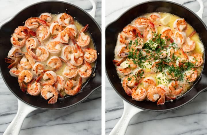 adding lemon juice and parsley to a skillet of shrimp scampi