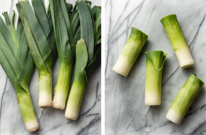 preparing raw leeks for sauteing