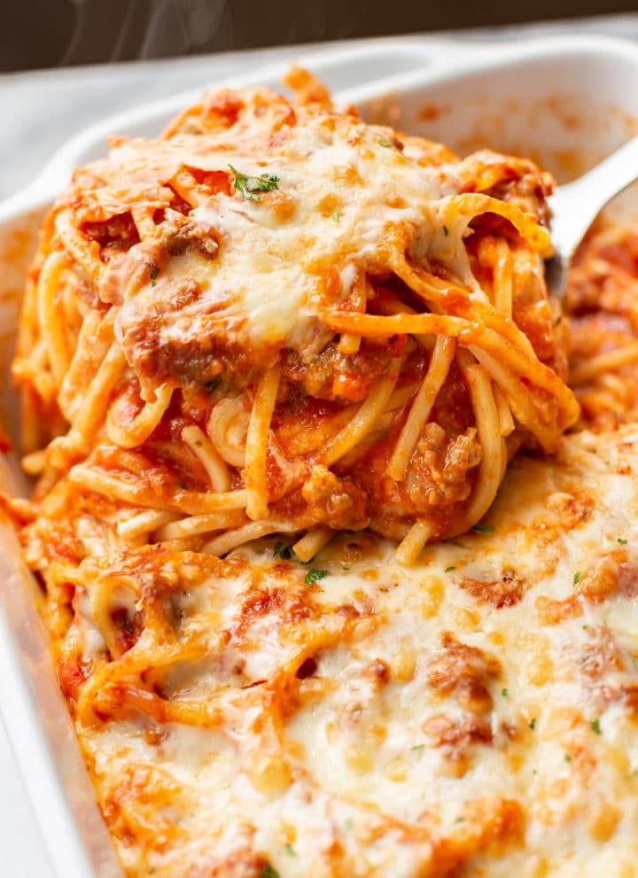 million dollar spaghetti in a casserole dish hot out of the oven