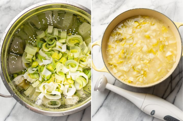 how to make potato leek soup collage (sliced leeks in colander and soup in pot with immersion blender prior to blending)