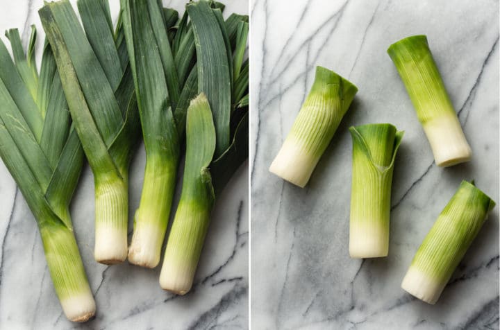 collage showing leeks prior to trimming and after