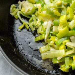 close-up of buttered sautéed leeks