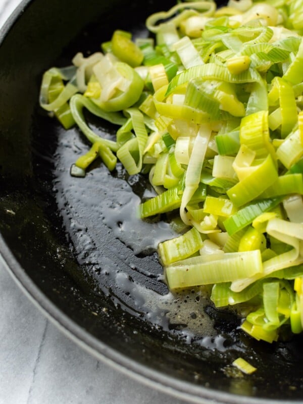 close-up of buttered sautéed leeks