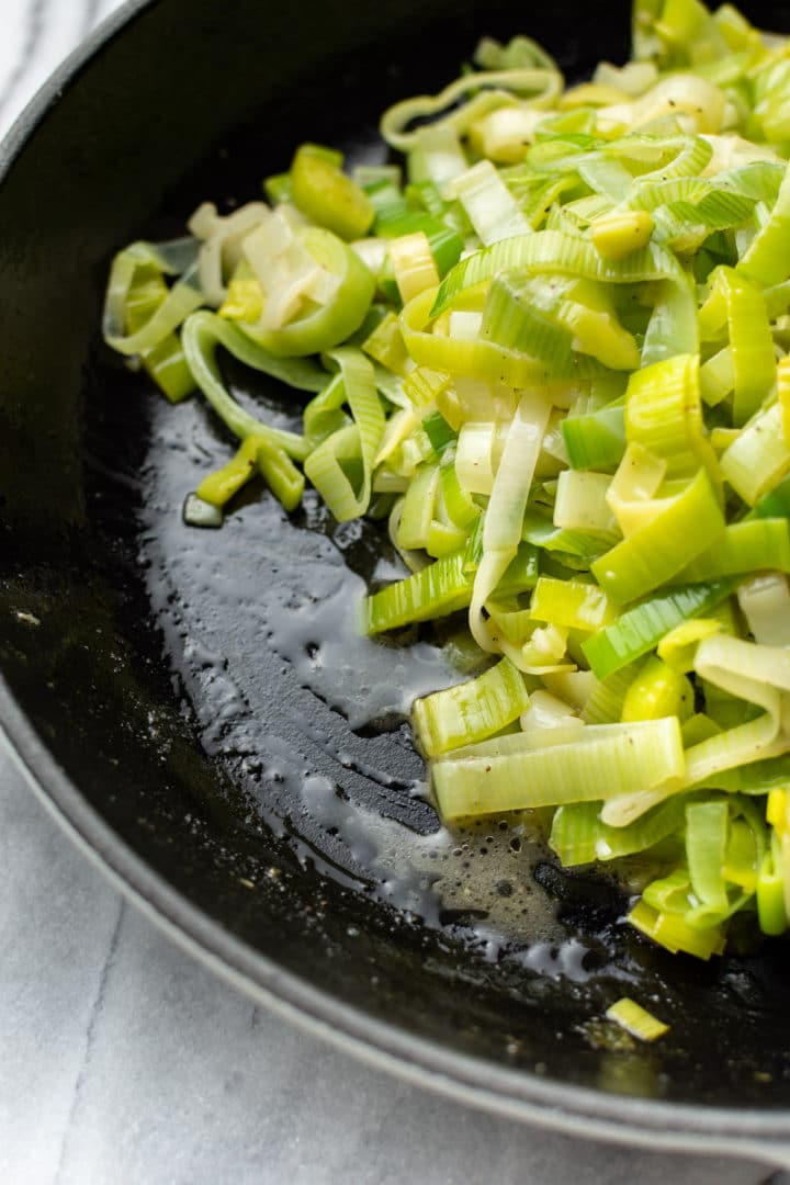 close-up of buttered sautéed leeks