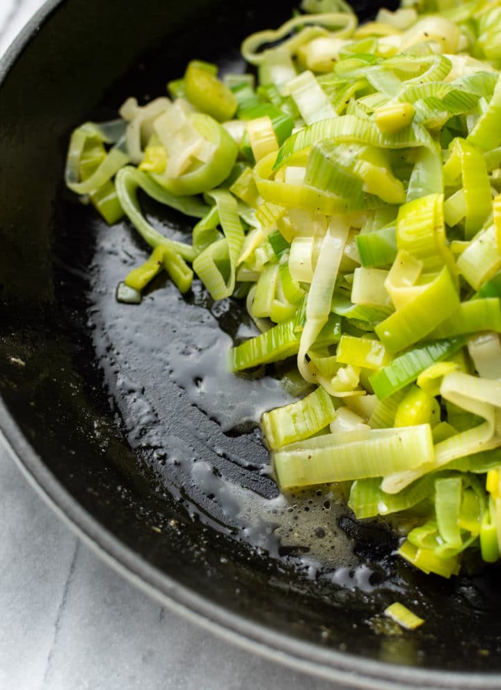 close-up of buttered sautéed leeks