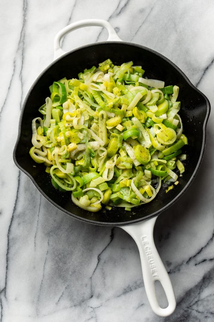 sautéed leeks in a skillet