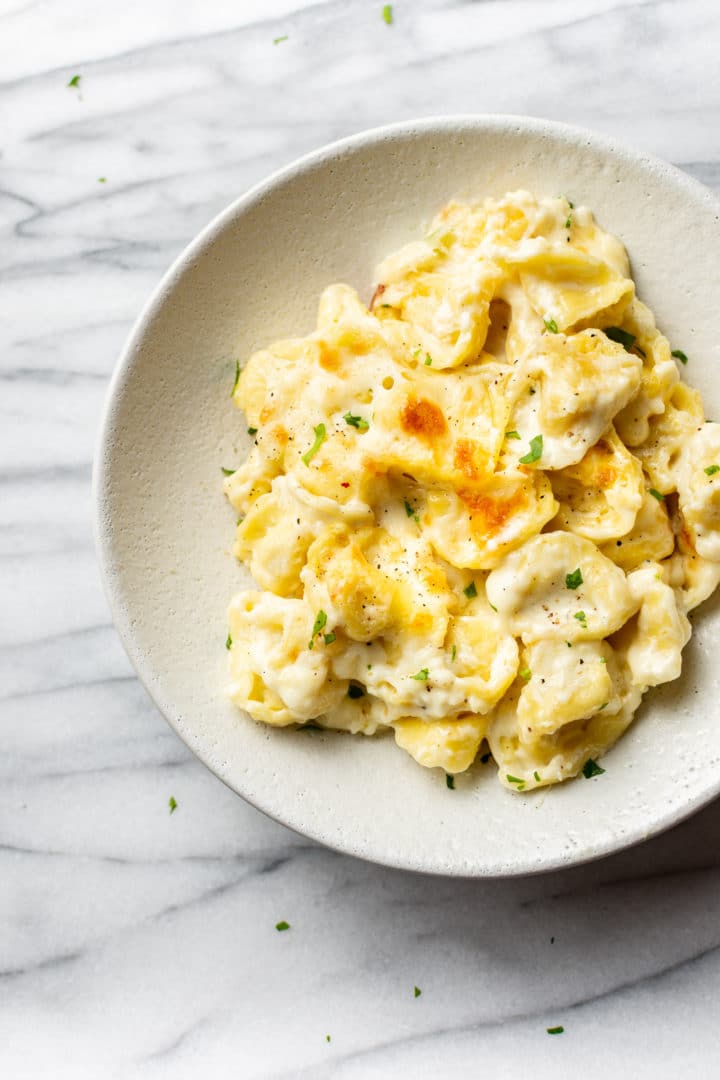 Alfredo tortellini bake in a shallow bowl