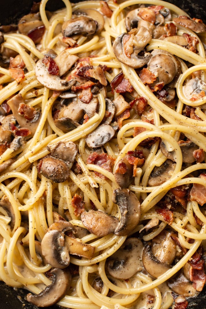 close-up of bacon mushroom pasta