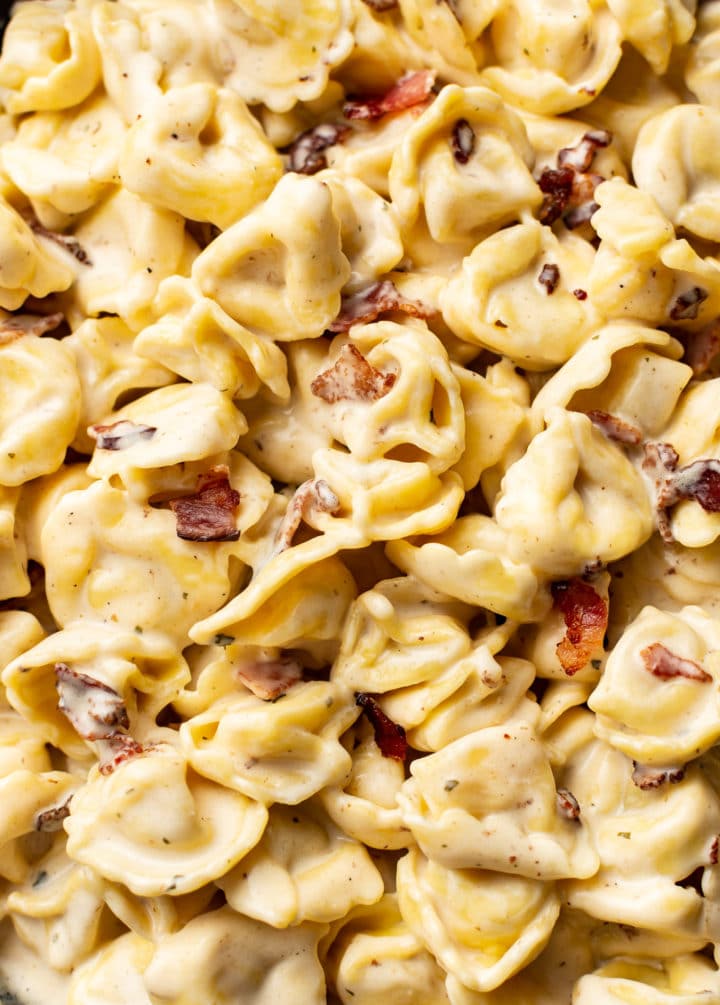 close-up of easy creamy bacon tortellini