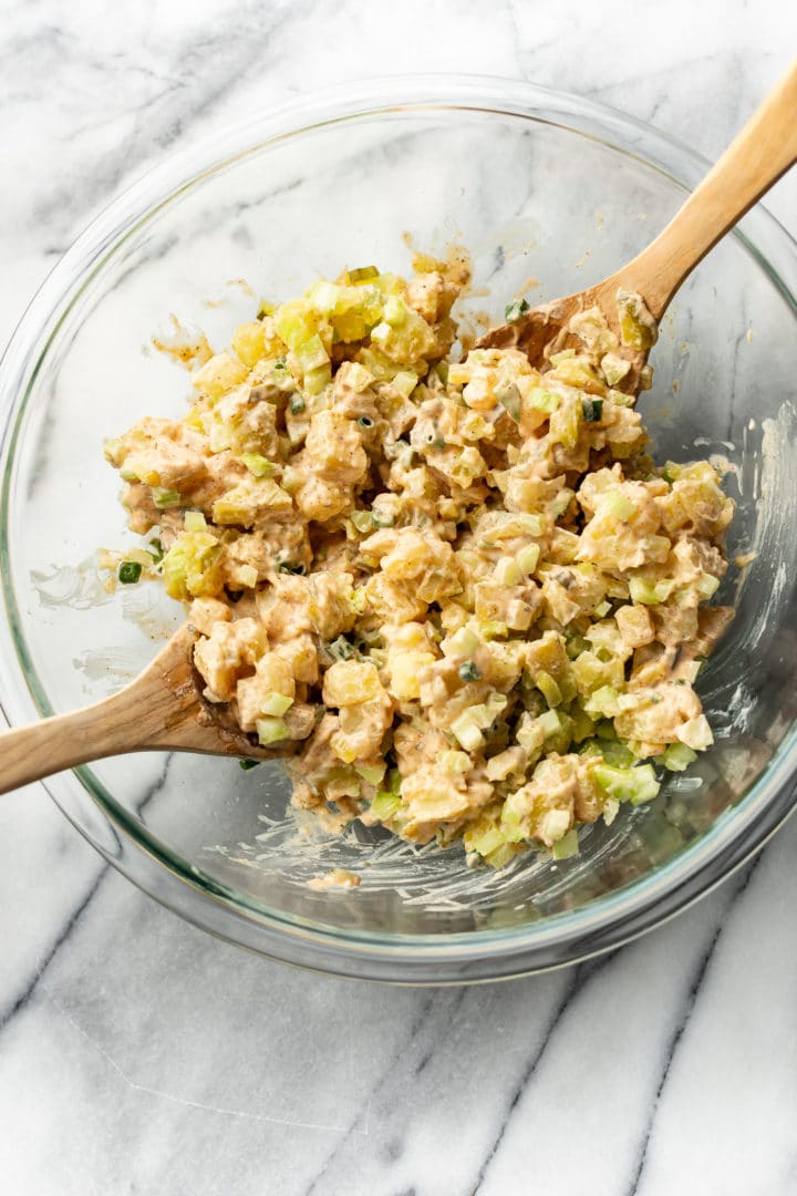 Creole ranch potato salad in a glass prep bowl