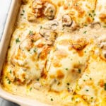 creamy, cheesy Chicken Gloria in a casserole dish close-up