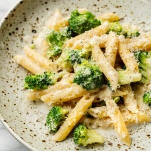 close-up of easy broccoli pasta in a shallow bowl