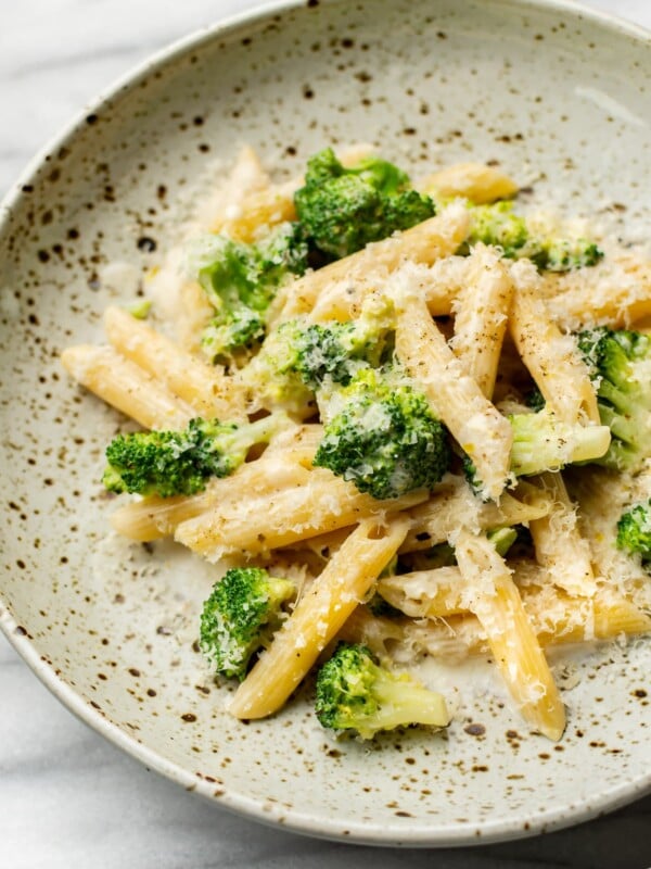 close-up of easy broccoli pasta in a shallow bowl