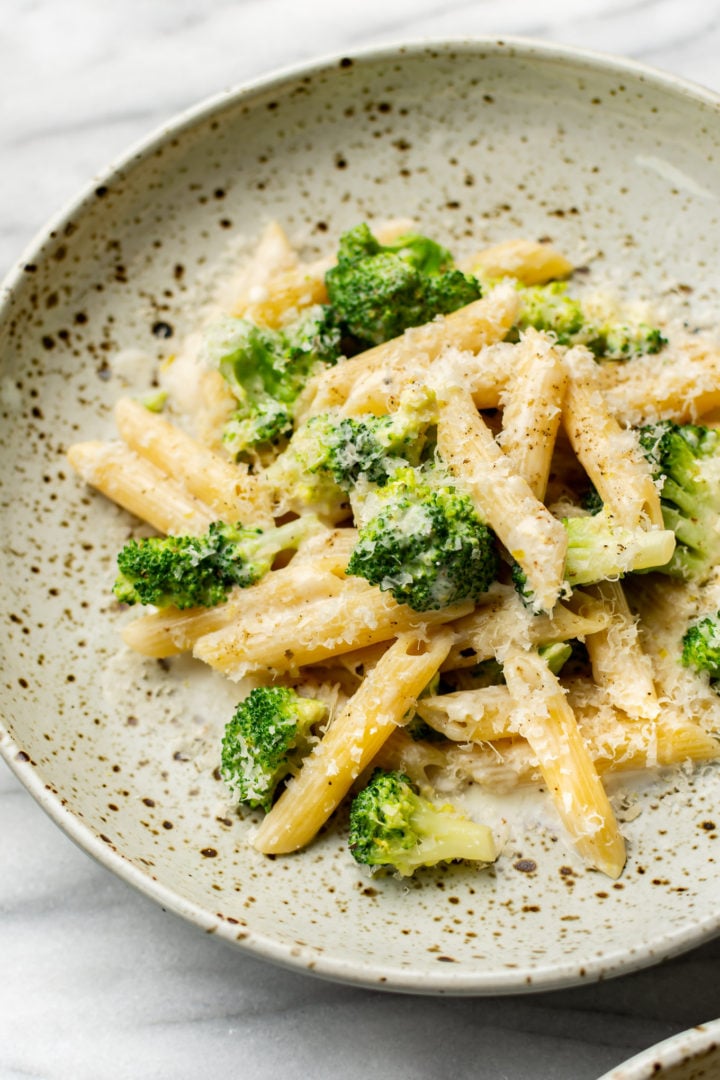 close-up of easy broccoli pasta in a shallow bowl