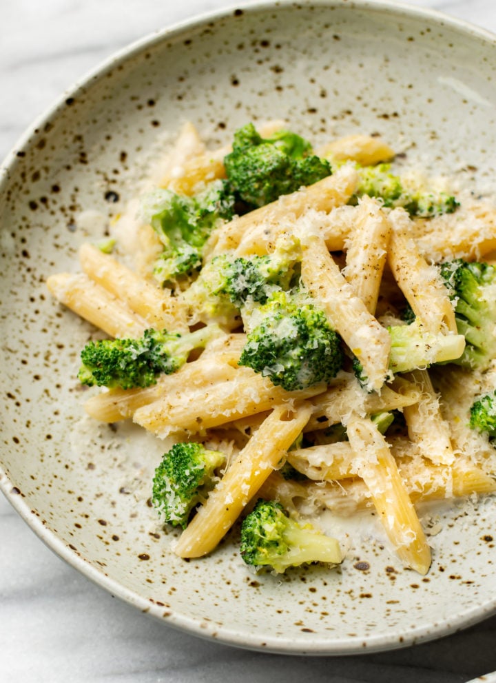 close-up of easy broccoli pasta in a shallow bowl