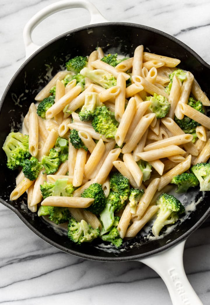 lemon broccoli pasta in a skillet