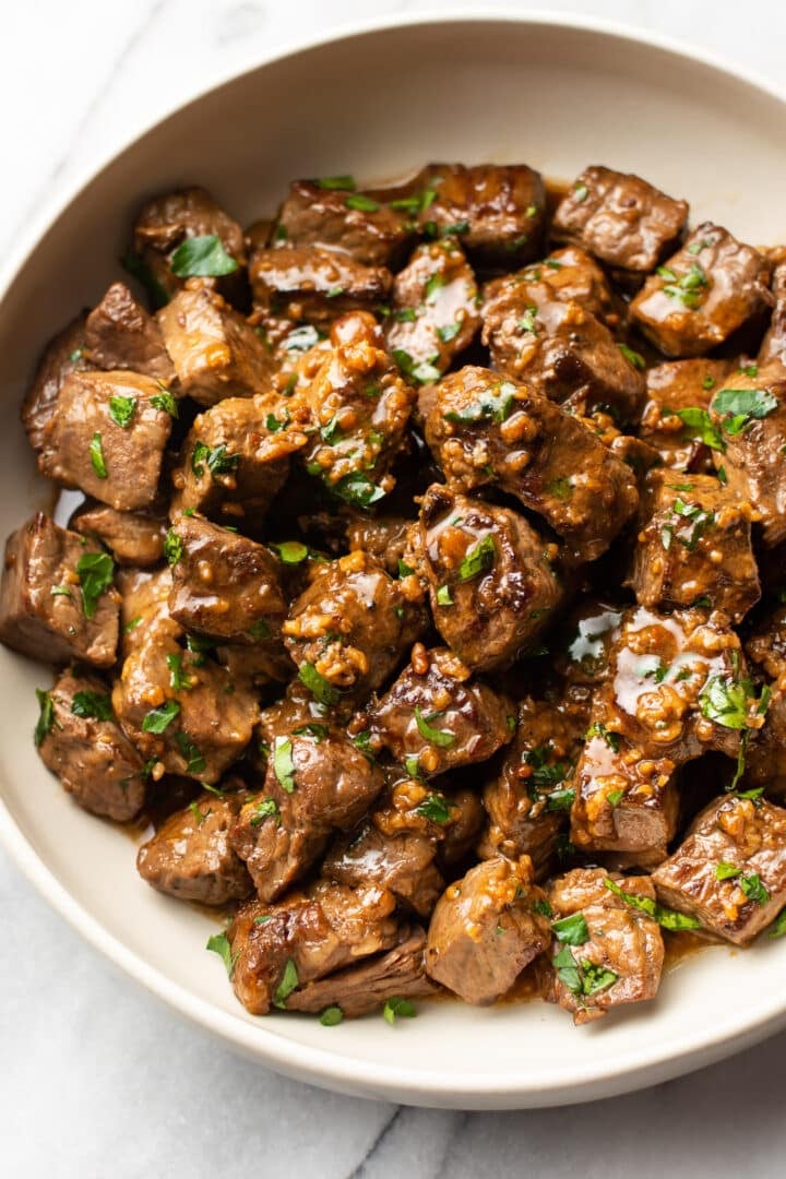 garlic butter steak bites in a bowl