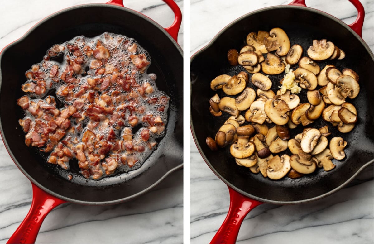sauteing bacon and mushrooms in a skillet