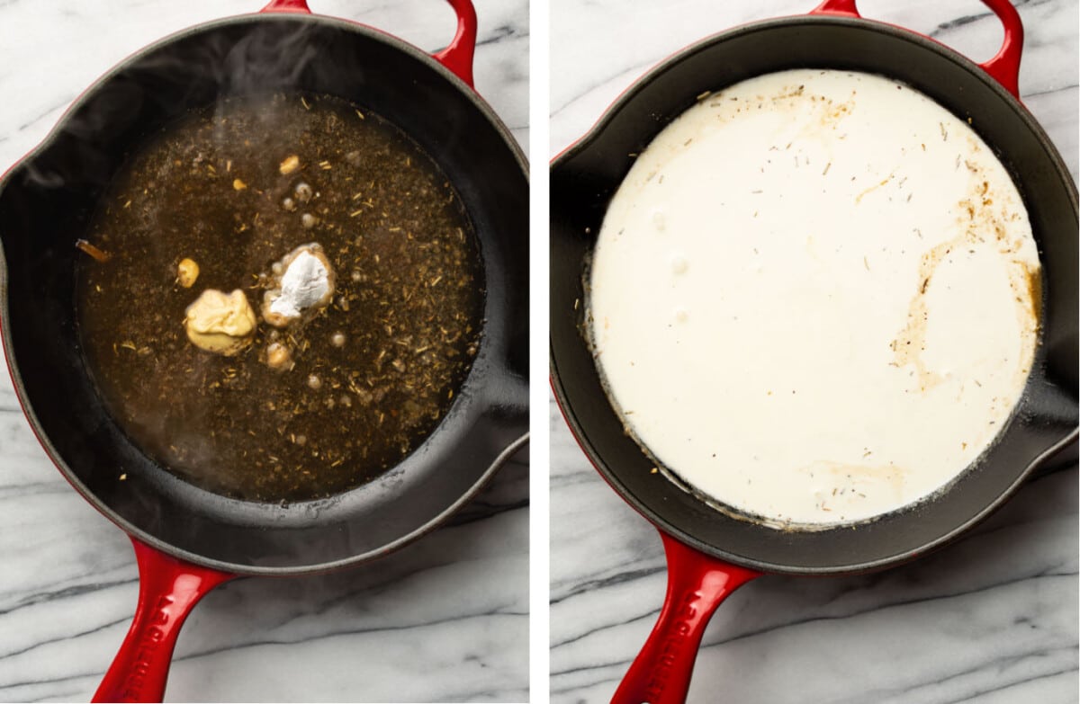 making creamy sauce for bacon and mushroom pasta in a skillet