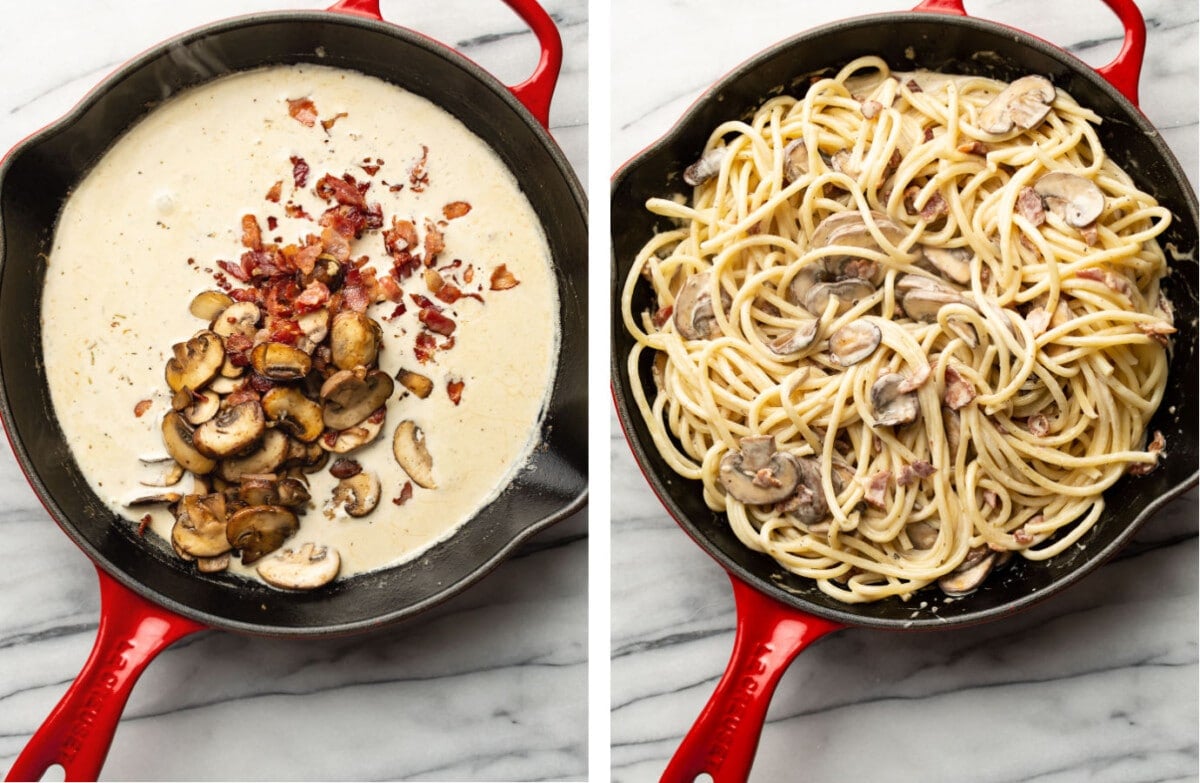 adding bacon and mushrooms to a creamy sauce and tossing with pasta in a skillet