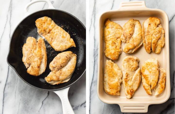 pan frying chicken and adding it to a baking dish