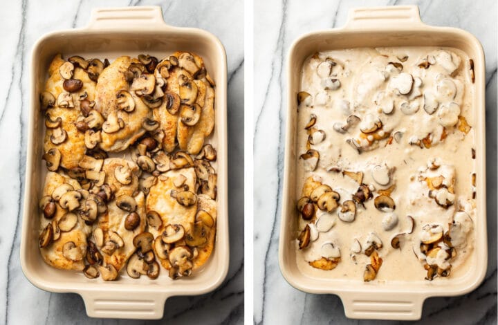 adding mushrooms and cream sauce to chicken gloria in a baking dish