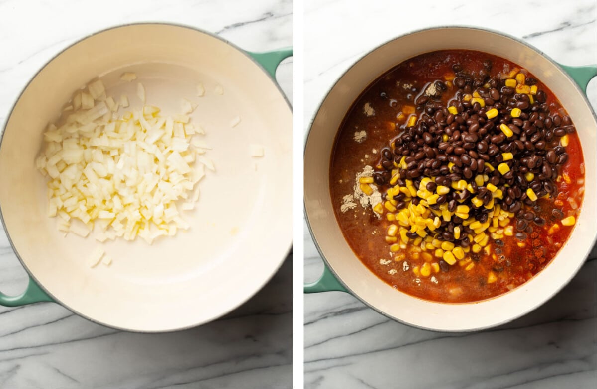 sauteing onions and adding beans, corn, and other ingredients to a pot for chicken tortilla soup