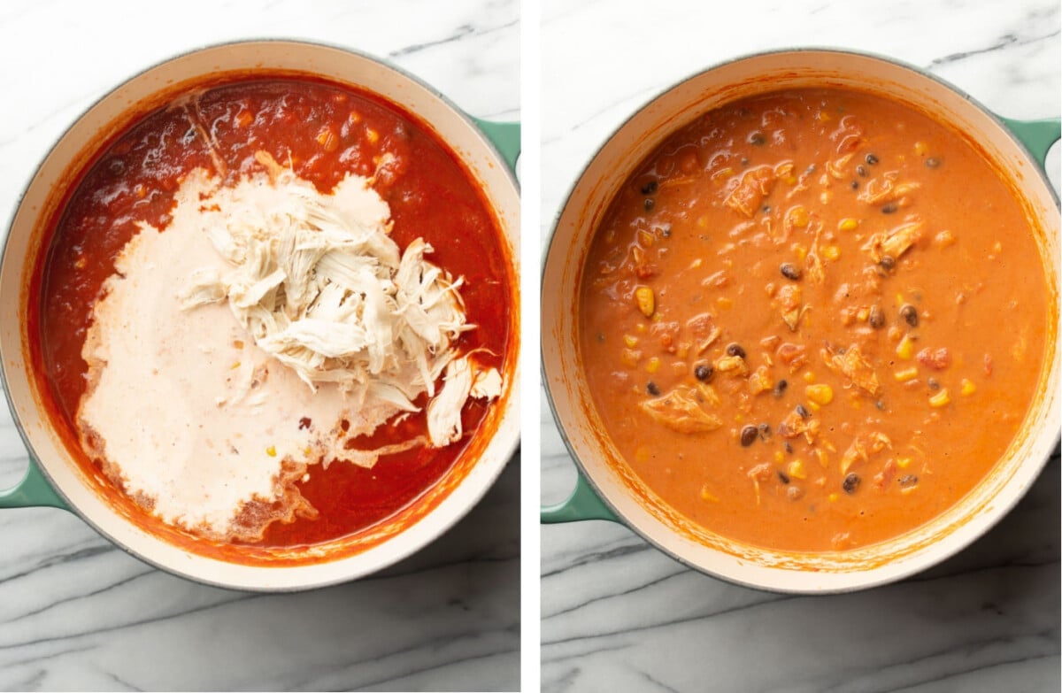 adding cream and chicken to a pot of creamy chicken tortilla soup and simmering