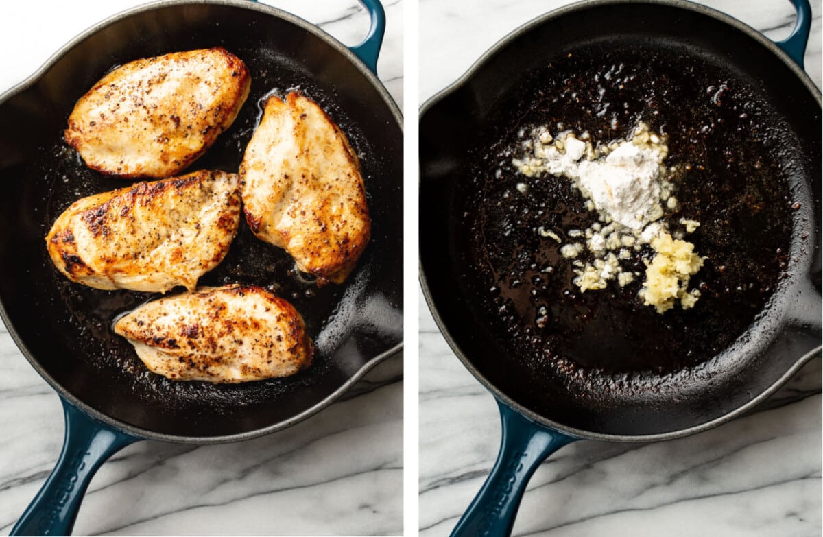 sauteing chicken in a skillet and frying garlic