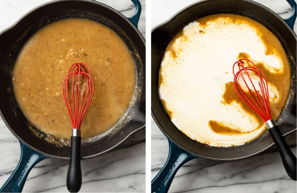 whisking broth and cream in a skillet for garlic parmesan chicken