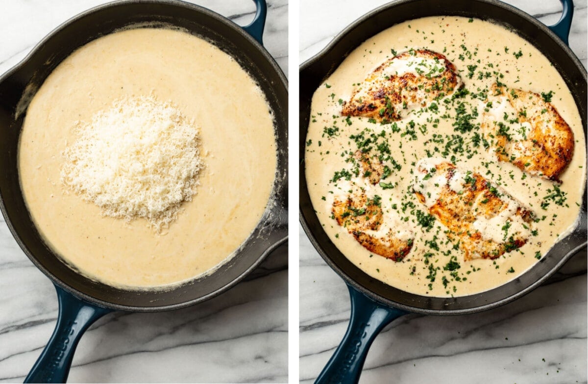 stirring in parmesan into a skillet with sauce, and adding chicken cutlets