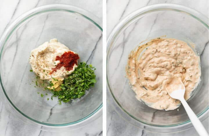 adding fresh herbs and mayo to a mixing bowl and stirring for egg salad dressing