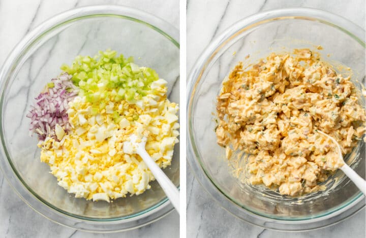 mixing hard boiled eggs with dressing for egg salad in a bowl