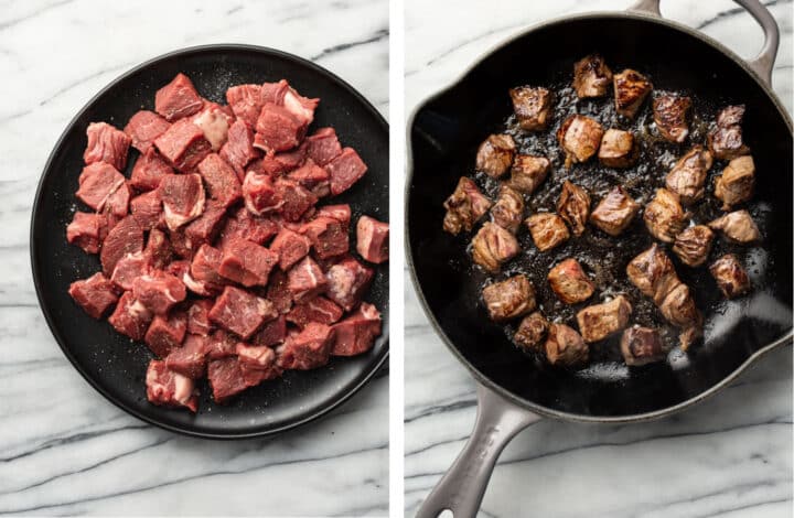 cutting up sirloin into cubes and pan frying in a skillet