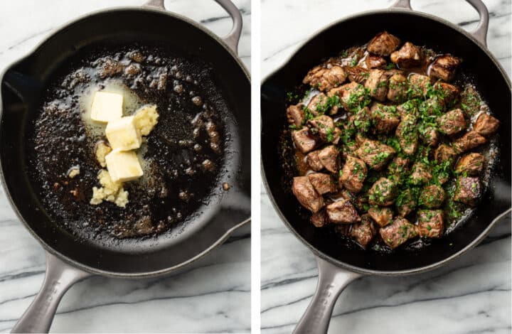 making garlic sauce for steak bites in a skillet