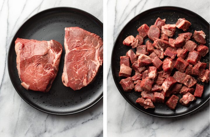 steak on a plate before and after being cut into cubes