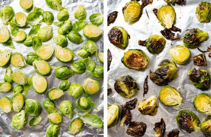 brussels sprouts on a baking tray before and after roasting