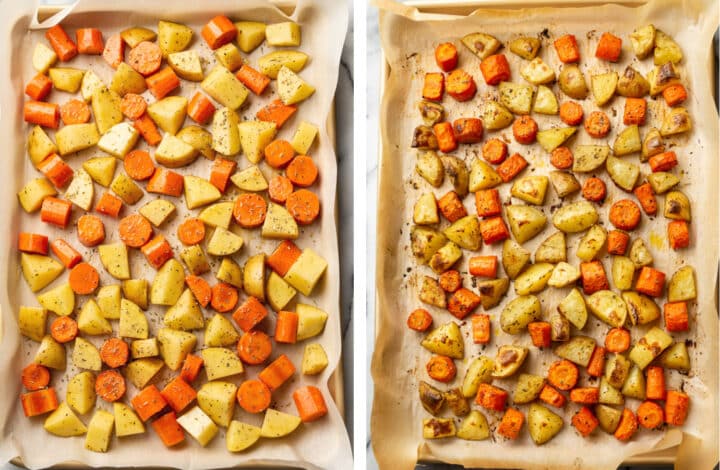 potatoes and carrots on a sheet pan before and after baking