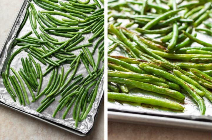 green beans on a baking sheet before and after oven roasting