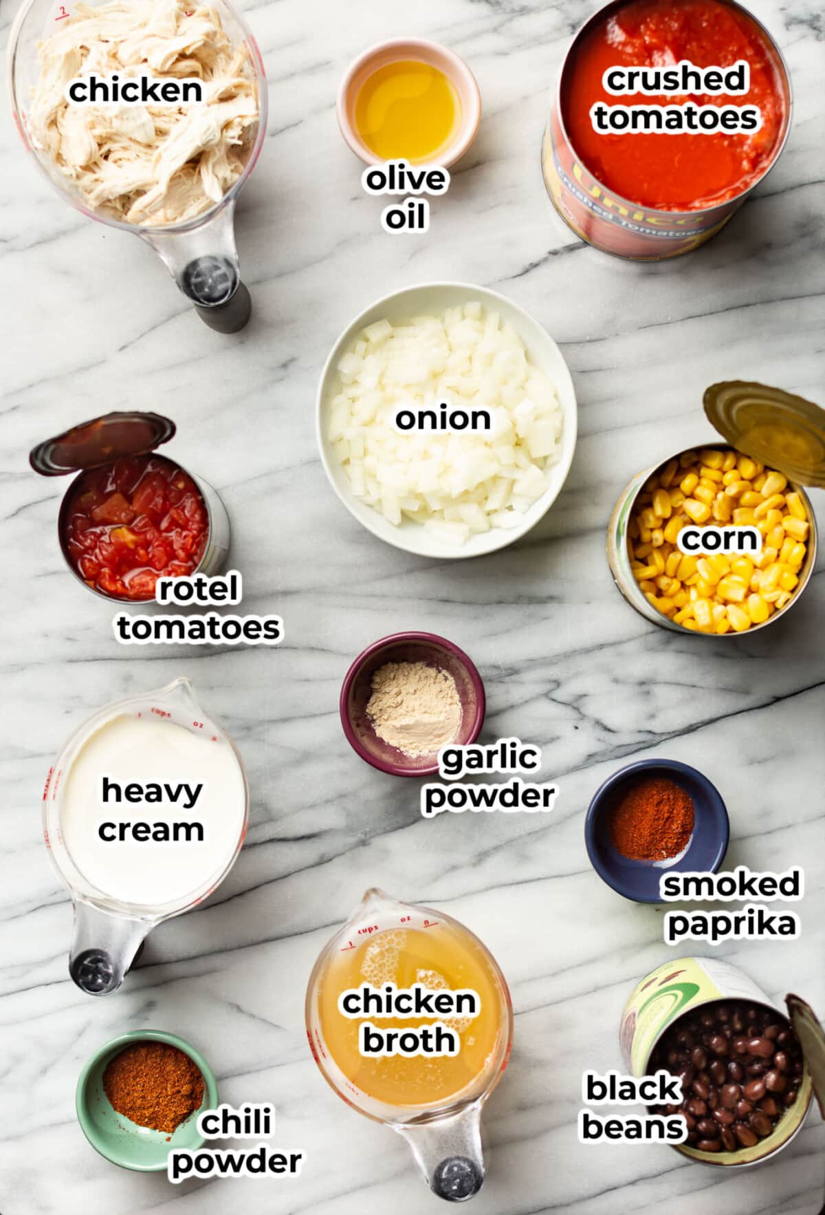 ingredients for creamy chicken tortilla soup in prep bowls