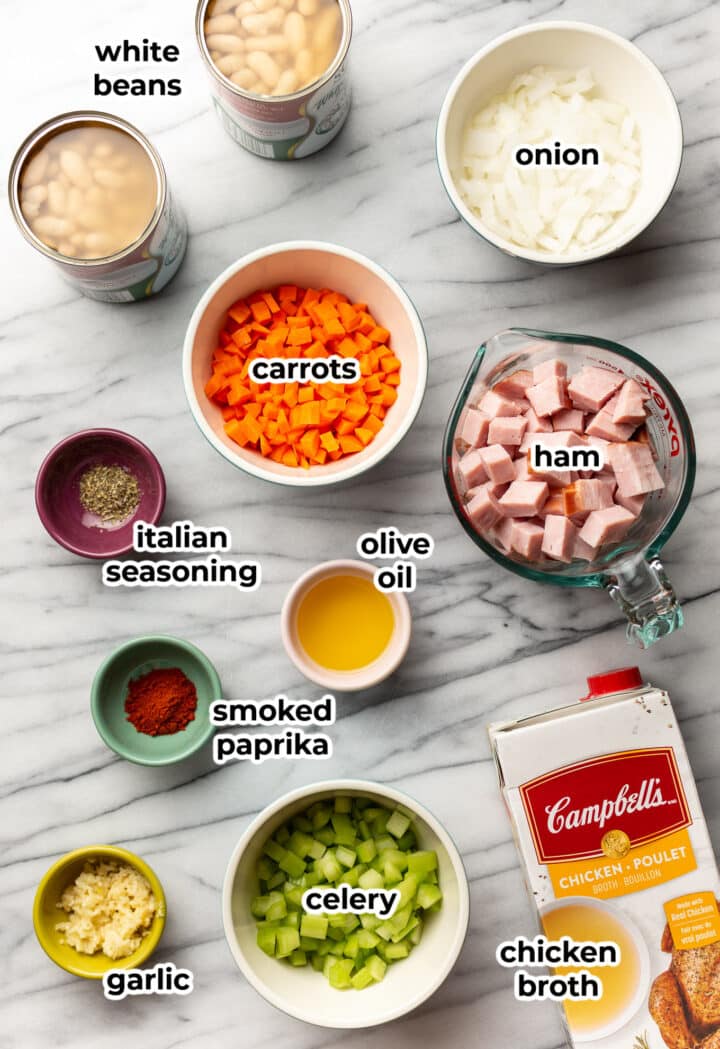 ingredients for ham and bean soup in prep bowls