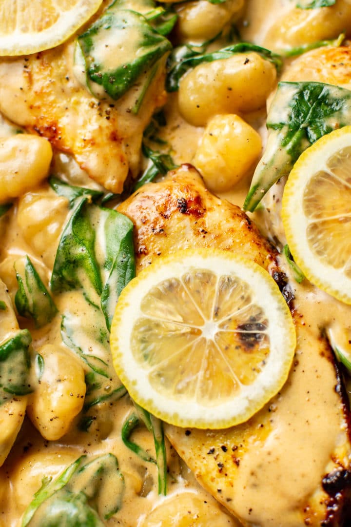 close-up of creamy lemon chicken gnocchi