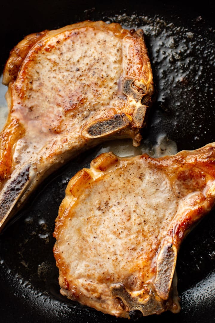close-up of pan seared pork chops
