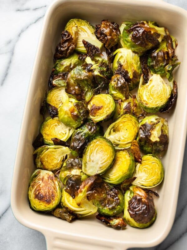 roasted brussels sprouts in a serving dish