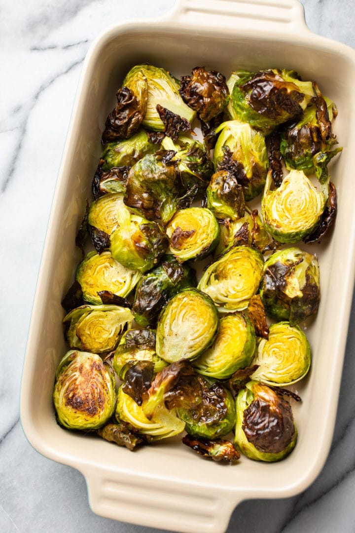 roasted brussels sprouts in a serving dish