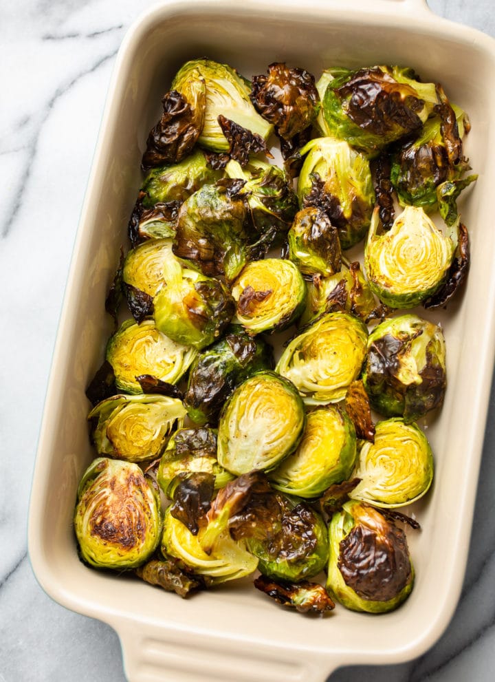 roasted brussels sprouts in a serving dish