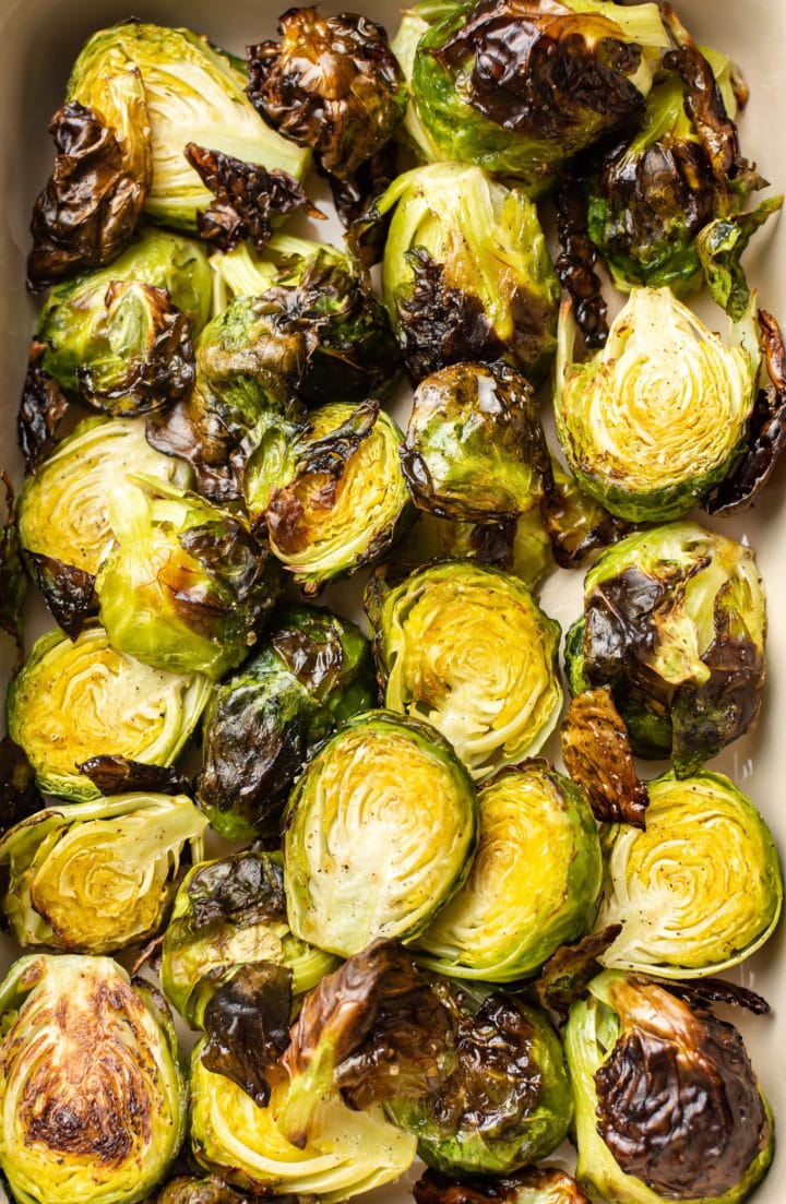 close-up of easy oven roasted brussels sprouts