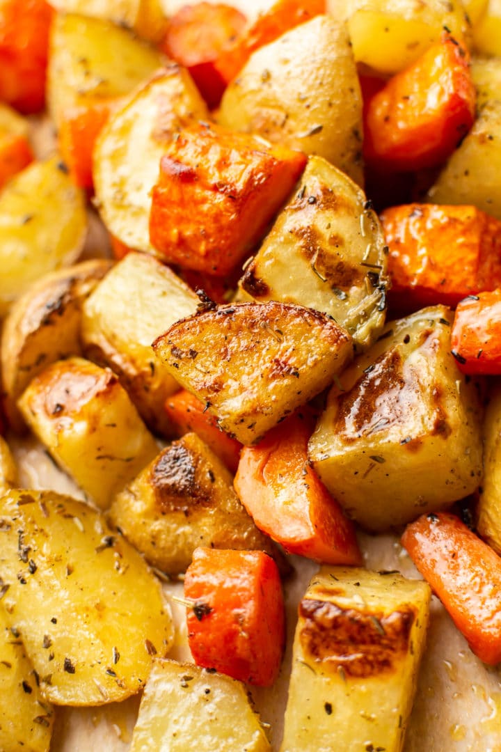 close-up of roasted potatoes and carrots