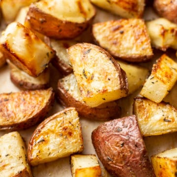 close-up of crispy roasted red potatoes