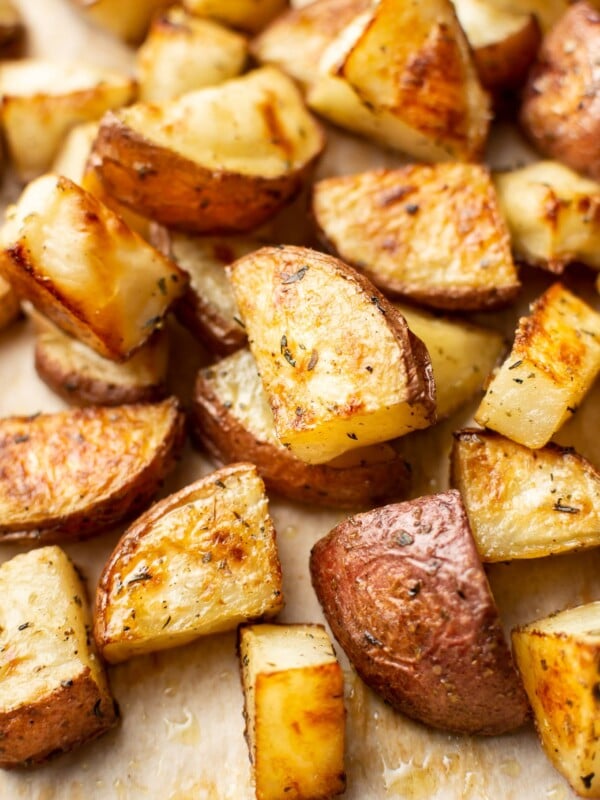 close-up of crispy roasted red potatoes